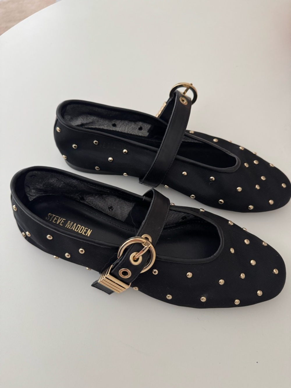 Steve Madden Black Mary Jane Flats with Gold Studs and Buckle